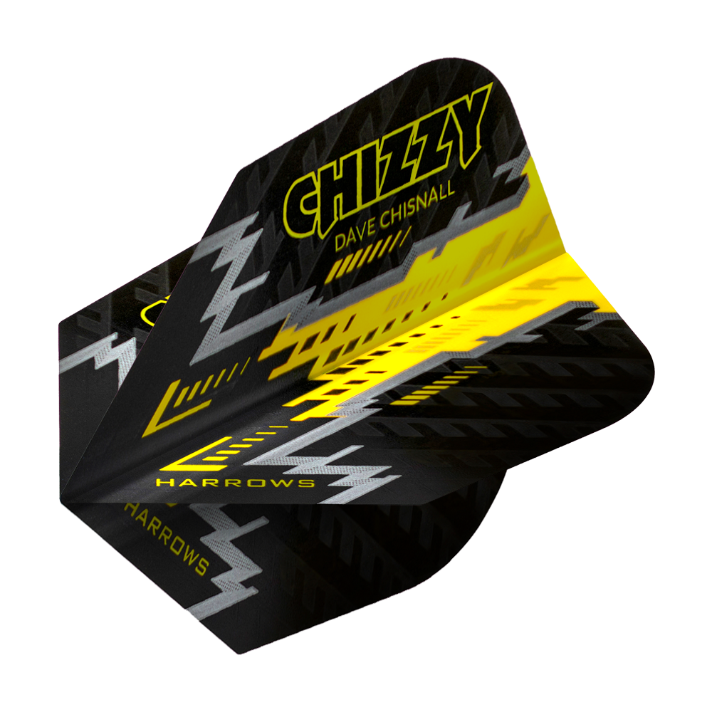Das Bild zeigt ein Dartflight mit schwarzem, gelbem und silbernem Design. Auf dem Flight steht "Chizzy Dave Chisnall" sowie "Harrows".